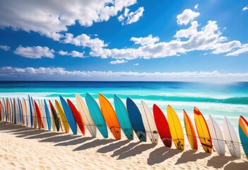 vibrant beach scene colorful bright sun clear blue soft sandy shoreline under clear sky, surfboard, umbrella, water, landscape, coast, sunny, surfing, summer