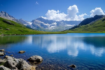 Wall Mural - Serene mountain lake reflecting the sky and clouds with rocks in foreground