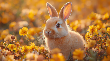 Canvas Print - Adorable bunny in a field of yellow flowers