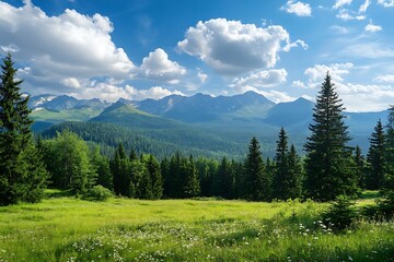 Poster - Beautiful mountain scenery with green grass and fir trees under a blue sky with white clouds