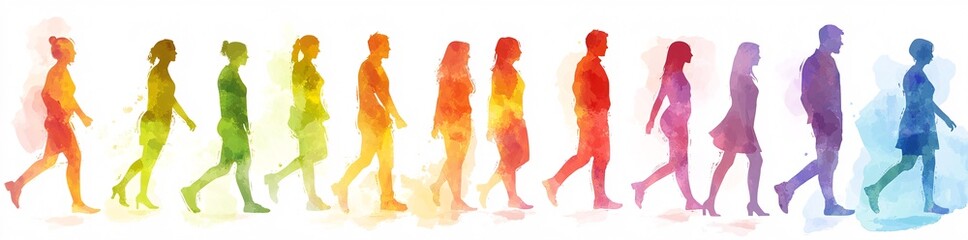 Colorful silhouettes of diverse people holding hands, Diversity Equity and Inclusion, modern company background