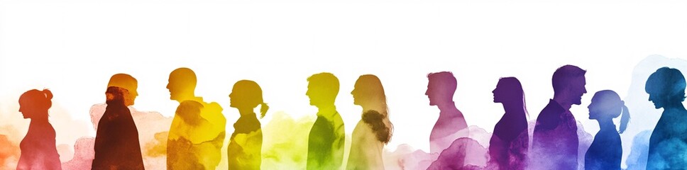 Colorful silhouettes of diverse people holding hands, Diversity Equity and Inclusion, modern company background