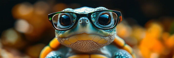 Wall Mural - A turtle with glasses stares intently at the camera.