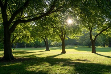 Wall Mural - Sun shining through trees in a green park. Tranquil nature scene with green grass and long shadows.