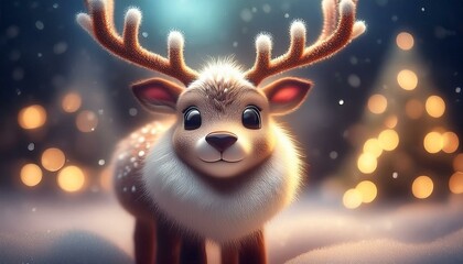 Portrait of a cute fluffy round reindeer with big eyes in soft bokeh lighting