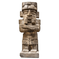 ancient toltec warrior statue carved in stone standing with arms crossed, isolated on white backgrou