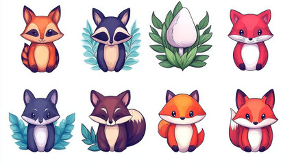 Poster - Cute cartoon foxes and raccoons with foliage and a mushroom.