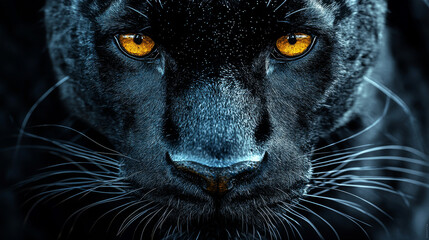 Wall Mural - Close-up of a black panther's face with piercing yellow eyes.