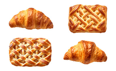 Apple pies and croissants arranged in a visually appealing pattern on a transparent background