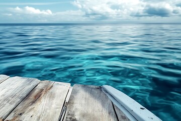 Poster - Wooden dock leading to turquoise blue ocean water with white clouds