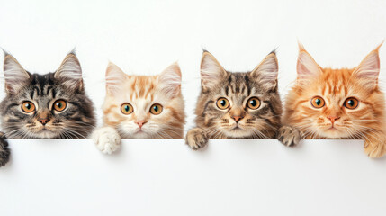 Four adorable cats peek over a white surface with curious expressions.