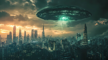 Alien invasion over a futuristic city, dramatic skyline, eye-level, intergalactic threat. Alien Invasion. Illustration