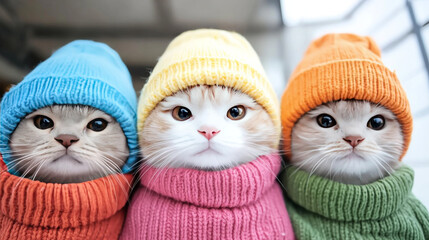 Sticker - Three adorable cats wearing colorful sweaters and beanies.