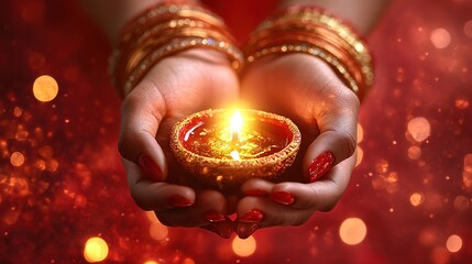 Diwali celebration in hands of women with beautiful bangles and Rakhi holding oil lamp glowing with red and golden light background 