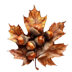 Poster - Single dry maple leaf with a group of acorns lying on top, isolated on white
