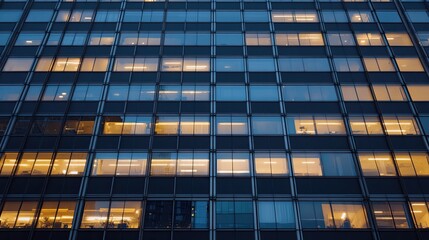 The towering skyscrapers of London extend upward as the blue hour casts a cinematic glow, reflecting the intricate glass and steel designs against the evening sky