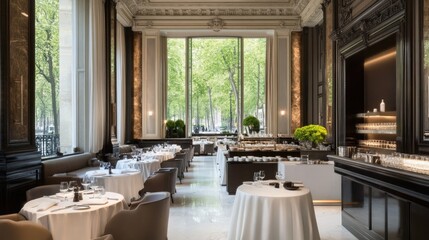 The restaurant features polished marble floors and classic French architecture with white tablecloths. Large windows provide views of the trees outside, creating a serene dining experience