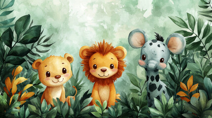 Wall Mural - Three adorable baby animals, a lion, a lioness, and a giraffe, peek out from the jungle.