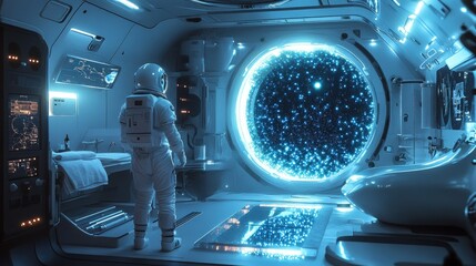 Astronaut in futuristic spaceship interior, gazing out of a circular window showing the vastness of space.