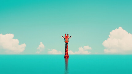 Canvas Print - A giraffe's head peeks out of the turquoise water.