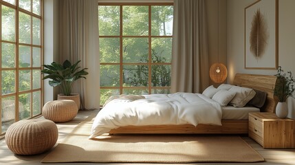 Wall Mural - The bedroom is decorated with plants and has a natural, calming atmosphere.