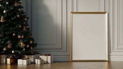 Wall Mural - An elegant room showcases a gold-edged poster frame leaning against the wall beside a decorated Christmas tree and neatly wrapped gifts, creating a festive atmosphere