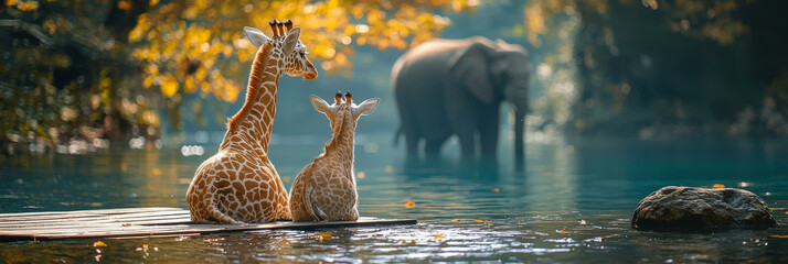 Two giraffes sit on a wooden platform in the water, looking at an elephant in the distance.