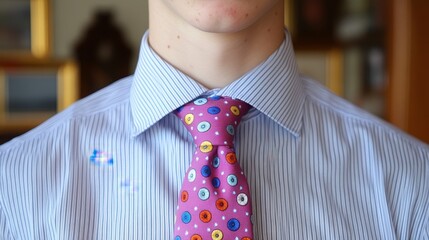 A man wearing a blue shirt and a tie with a pattern of colorful dots. The tie is purple and has a blue stripe