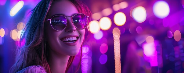 Wall Mural - young woman in sunglasses at disco in neon light close-up portrait Generative AI