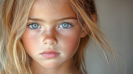 Wall Mural - A young girl with light brown hair and blue eyes. She has a light brown face with a few freckles