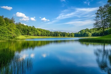 Wall Mural - Serene lake surrounded by lush green trees under a blue sky with white clouds