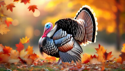 Cute adorable fluffy round Thanksgiving fall autumn turkey with some colored red orange yellow leaves