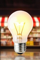 Illuminated light bulb against colorful background in a storefront setting