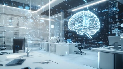 Poster - Modern Office Interior with Holographic Brain Projection