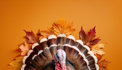 Cute adorable fluffy round Thanksgiving fall autumn turkey with some colored red orange yellow leaves