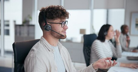 Sticker - Call center, discussion and man with headset in office for customer service, online advice or telemarketing. Help, contact us and male consultant for communication, assistance or tech support