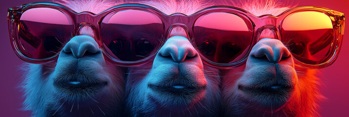 Canvas Print - Three llamas wearing pink sunglasses against a bright pink, blue, and orange backdrop.