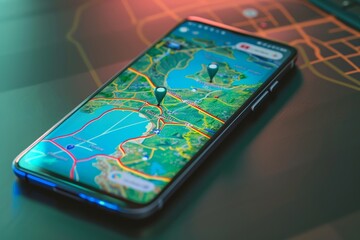 Aufkleber - Close-up of a smartphone displaying a GPS map with location pins, symbolizing modern navigation technology and digital travel guidance.