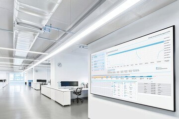 Leinwandbilder - Modern surveillance office with multiple screens displaying data, charts, and graphs, representing a high-tech environment for business analysis and data monitoring.
