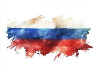 An abstract watercolor piece representing the Russian flag features a harmonious blend of colors. The flowing design and texture evoke a sense of national pride and cultural richness