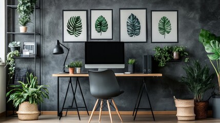 posters with patterns above a desk and computer display in a grey home office with greenery
