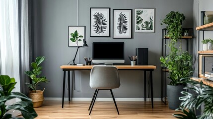 posters with patterns above a desk and computer display in a grey home office with greenery
