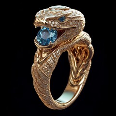 Close-up of a luxurious gold ring for men in the shape of a snake. Gold ring with a snake holding a blue gemstone in its mouth.