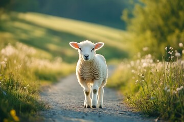 Cute fluffy white lamb walking on grassy path in spring