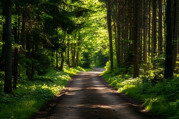 Wall Mural - Sunlit path through a lush green forest, with sunlight filtering through the trees