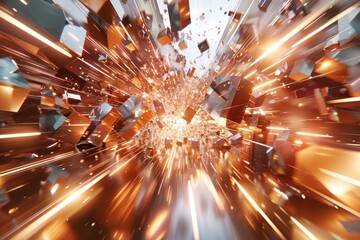 Poster - Dynamic explosion of cubes in an abstract, futuristic space, capturing the powerful energy and impact of modern digital art and visual design.