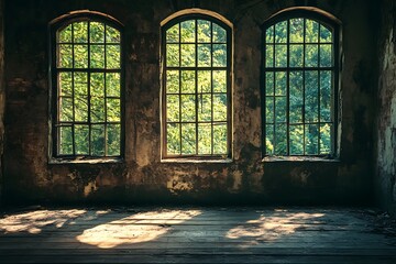 Poster - Three arched windows in an abandoned building with light shining through