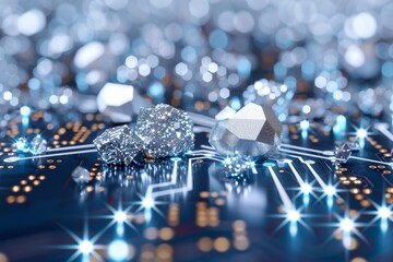 Poster - Abstract silver shapes scattered on a digital circuit, representing the complex, interconnected design of modern technology and futuristic electronics.