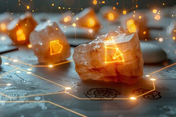 Poster - Glowing crystals on a digital surface, symbolizing the integration of technology and natural elements in a futuristic and advanced scientific environment.