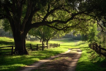 Poster - Sunlight shining through trees on a dirt path in a green meadow